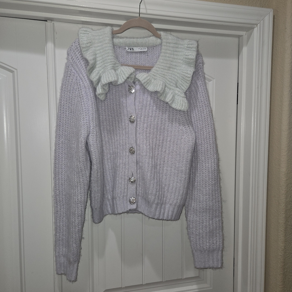 Zara Lavender  Bib Collar Sweater with decor buttons Size XL. EUC - Picture 2 of 11